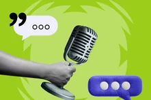 Grüne Grafik mit Mikrofon in Hand, zwei Sprechblasen mit Punkten und Logo der Heinrich-Böll-Stiftung.