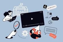 Illustration mit Symbolen für ein digitales Informationsökosystem: Person am Laptop, Video-Player, Chatblasen, Lupe und Parlamentsgebäude im Hintergrund.