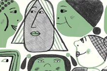 Illustration: Seven stylized faces in green tones, closely arranged with various shapes, hairstyles, and gaze directions.