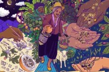 A stylized farmer hands over a piece of fruit, against a background of stylized hands holding seeds.