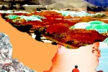 Abstract collage of a person seen from behind, standing before mines, coastline, mineral rocks, and green-covered hills.