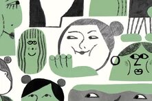 Several stilized women's faces in white and green colours.