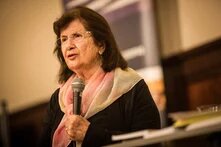 Eine Person spricht in ein Mikrofon, im Hintergrund unscharfe Banner und Holzvertäfelung, vorn liegen Unterlagen auf einem Tisch.