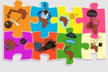 Illustration zur Schuldenkrise in Afrika: Puzzlestücke, auf denen auf verschiedene Art und Weise Schulden thematisiert werden.