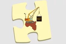 Illustration: Ein Bagger steht auf dem Kontinent Afrika und zieht eine Last mit der Aufschrift "Schulden" in die Höhe.
