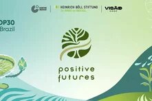 Graphic with plants, watering can, and hands; text: "COP30 in Brazil", "positive futures", logos of Goethe-Institut, Heinrich-Böll-Stiftung, Visão Coop.