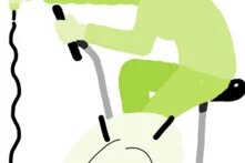 Illustration: Eine Person radelt auf einem Ergometer und erzeugt Strom, um sich gleichzeitig zu föhnen. 