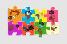 Illustration zur Schuldenkrise in Afrika: Puzzlestücke, auf denen auf verschiedene Art und Weise Schulden thematisiert werden.