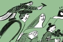 Women of various ages drawn against a green background; one figure is holding a bird on her hand, another is holding a house with a heart in her hand, and another is carrying a fruit basket.