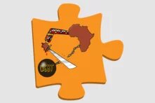 Illustration: Der afrikanische Kontinent durchtrennt mit einer Machete die Fußfessel Schulden.