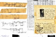 Collage aus Lohnzetteln, Namensliste, handschriftlichen Notizen und Skizzen, unten rechts mit Jahreszahl „1945“.