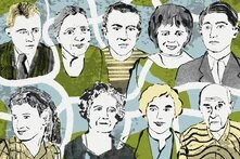 Illustration mit zehn Porträts von Personen vor farbigem, abstraktem Hintergrund in Blau, Grün und Weiß.