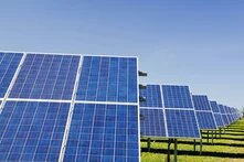 Reihen von blauen Solarpanels auf grüner Wiese bei klarem Himmel.
