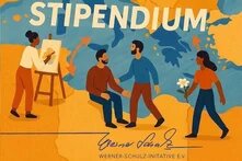 Das Bild zeigt eine Grafik, auf dem mehrere stilisierte Pesonen vor einer Weltkarte miteinander interagieren.