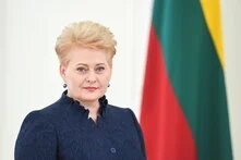Frau steht vor unscharfer litauischer Flagge, schaut in die Kamera, trägt dunkles Oberteil und Ohrschmuck.