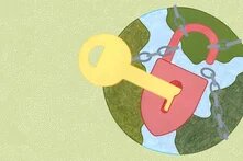 Illustration: World globe with chain and padlock, a large key is inserted into the lock.