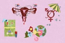 Illustration mit Gebärmutter, Pride-Flaggen, Überwachungskamera, Trans*-Symbol, Regenschirm, Schlössern, Gesetzessymbolen und Weltkugel.