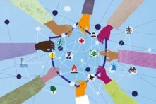 Mehrere unterschiedlich farbige Hände halten ein Netzwerk mit Symbolen zu Notfällen, Gesundheit, Flucht, Umwelt und Sicherheit.