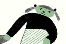 Drawn person with green face and pigtails holds another hand at the bottom left of the image.