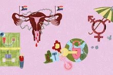 Das Bild zeigt verschiedene stilisierte Bildelemente, etwa ein Uterus und eine Weltkugel.