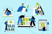 Illustration in Blau- und Grüntönen: Mehrere Personen lesen, arbeiten an Tablet und Smartphone, Bücherregal und Leiter im Raum verteilt.