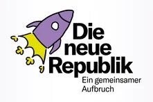Lila Rakete startet neben Schriftzug „Die neue Republik – Ein gemeinsamer Aufbruch“.
