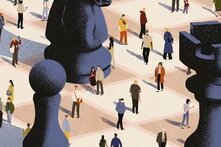 »People walking on a chessboard«