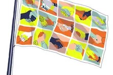 Illustration: Eine Fahne mir mehreren sich gegenseitig schüttelnden Händen weht im Wind