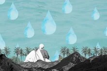 Collage: Sitzende Person vor Bergen und Palmen; am Himmel schweben große Wassertropfen über einer bergigen Landschaft mit Palmen.