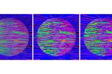 A triptych of abstract digital artworks featuring circular forms filled with vibrant, multicolored horizontal streaks against a deep blue background, creating a dynamic, glitch-like visual effect.