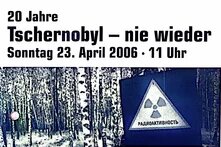 Bild mit Schriftzug im oberen Teil, darunter Foto von einem Wald mit Atom-Warnschild im Vordergrund.