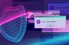 Eine stilisierte Computer-Fehlermeldung vor blau-lila Hintergrund. 