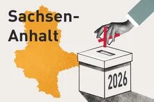 Illustration zur Landtagswahl 2026 in Sachsen-Anhalt mit Wahlurne, Stimmzettel und stilisierter Landeskarte.