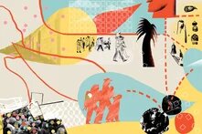 Illustration: Eine Collage mit abstrakten Formen, gezeichneten Gesichtern, Menschen in Bewegung, roten Linien und Symbolen wie Pfeilen und Vögeln.
