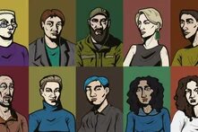 Collage: Zehn stilisierte Porträts vor farbigen Hintergründen, Personen mit unterschiedlichen Frisuren, Gesichtsausdrücken und Oberteilen.
