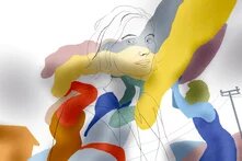 Ein skizziertes Porträt einer Person ist mit bunten, amorphen Formen überlagert. Eine weitere Figur steht daneben und greift nach oben.