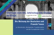 Text zur Umfrage zum 60. Jahrestag des Élysée-Vertrags. Logos von Heinrich-Böll-Stiftung, Fondation de l'Écologie Politique und Ipsos.