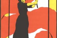 Eine Frau schwing eine Fahne auf einem Plakat von 1914