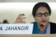 Asma Jahangir asks a question during Human Rights Day Event. 10 December 2012. Photo by Jean-Marc Ferré