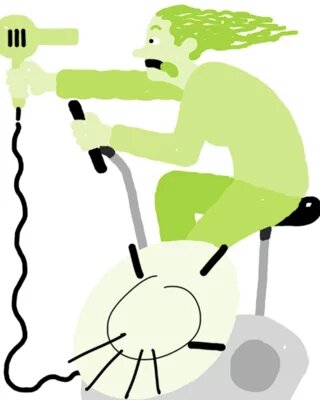 Illustration: Eine Person radelt auf einem Ergometer und erzeugt Strom, um sich gleichzeitig zu föhnen. 