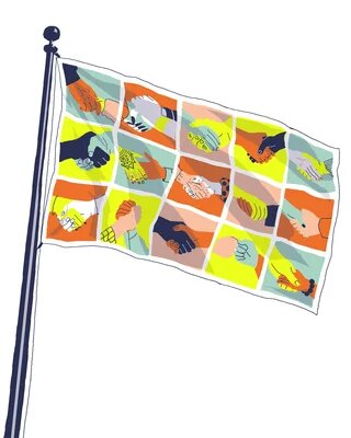 Eine Fahne mir mehreren sich gegenseitig schüttelnden Händen weht im Wind