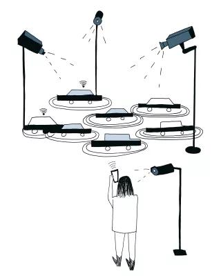 Zeichnung einer Person und Autos, die von Kameras überwacht werden 