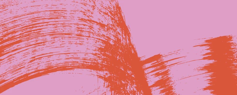 Breite, geschwungene Pinselstriche in Rot auf rosa Hintergrund, teils quer und überlappend verlaufend.