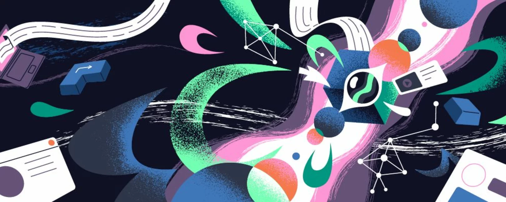 Illustration: Abstrakte digitale Elemente schweben vor dunklem Hintergrund; in der Mitte ein Auge in einem Würfel, umgeben von Datenströmen.