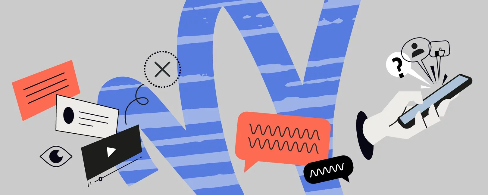 Illustration mit Hand am Smartphone, Icons für Nutzer*in, Like, Fragezeichen, Chatblasen, Video, Auge, Textkarten und X-Symbol.