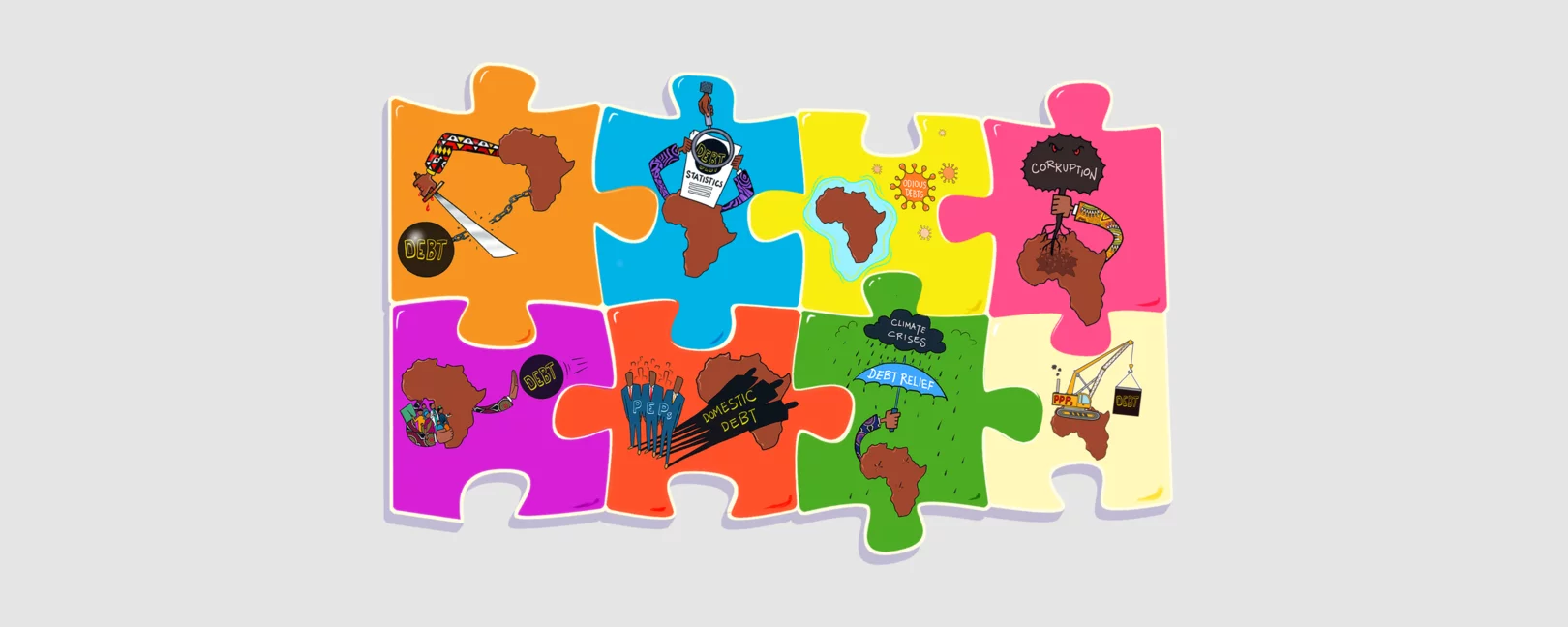 Illustration zur Schuldenkrise in Afrika: Puzzlestücke, auf denen auf verschiedene Art und Weise Schulden thematisiert werden.
