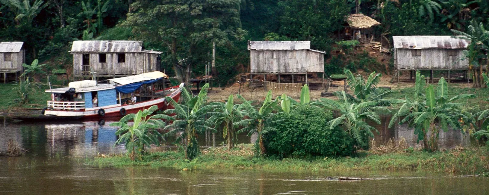 Häuser stehen an einem Fluss im Amazonasgebiet