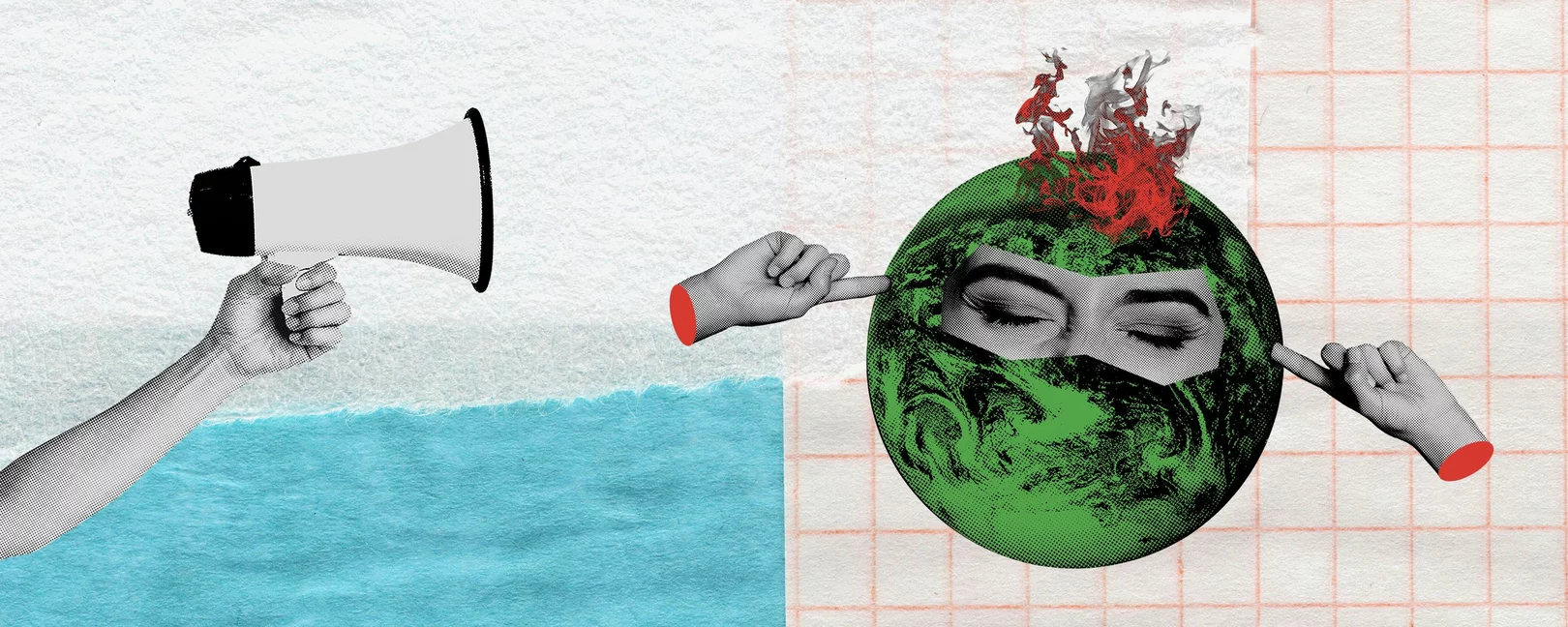 GPT Icon  Illustration: Eine Hand hält ein Megafon, während ein Erdball mit geschlossenen Augen und brennender Spitze die Ohren zuhält.