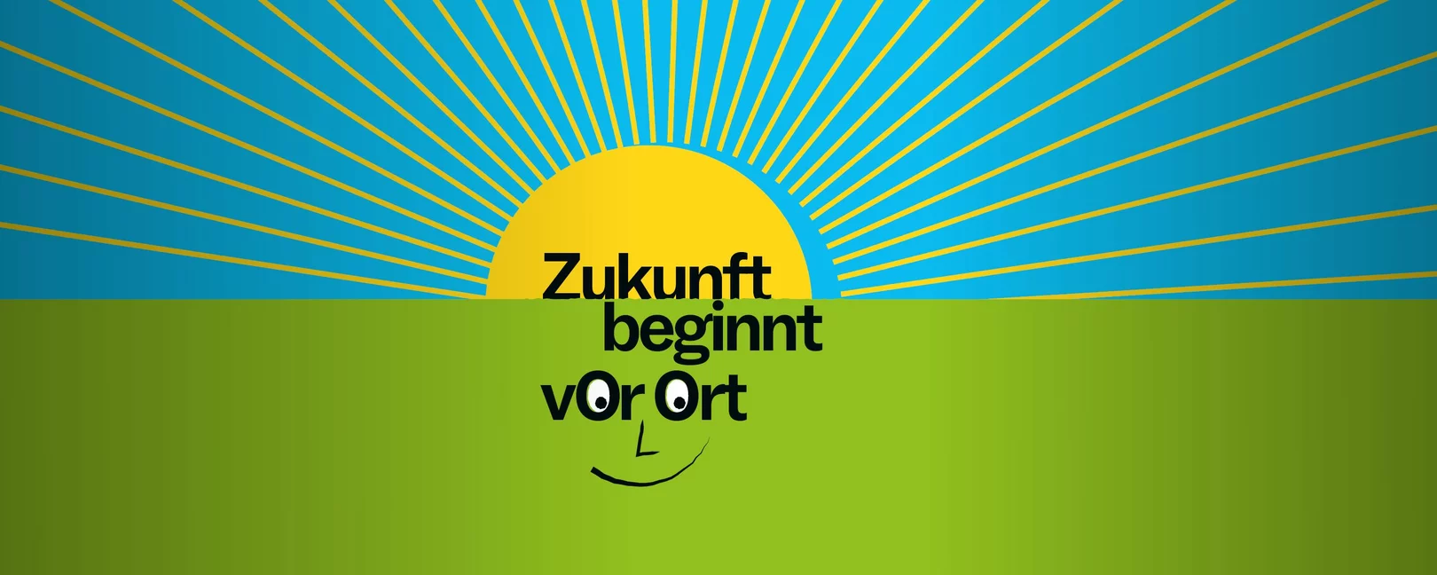 Grafik: Halbe Sonne über grünem Feld, Text „Zukunft beginnt vor Ort“,