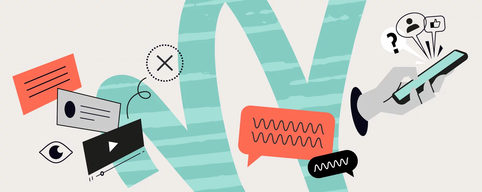 Illustration mit Hand am Smartphone, Icons für Nutzer*in, Like, Fragezeichen, Chatblasen, Video, Auge, Textkarten und X-Symbol.